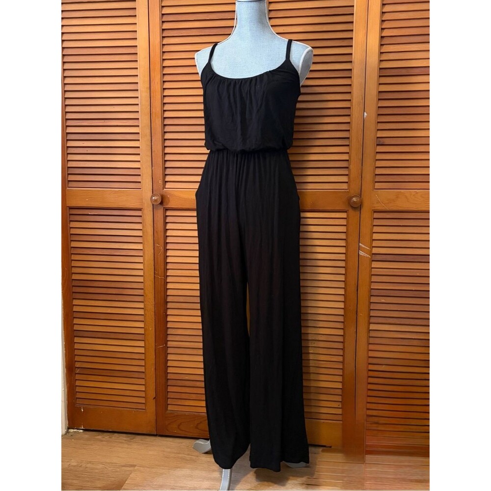 Gilli Black Soft Stretchy Spaghetti-Strap Wide-Leg Jumpsuit with Pockets